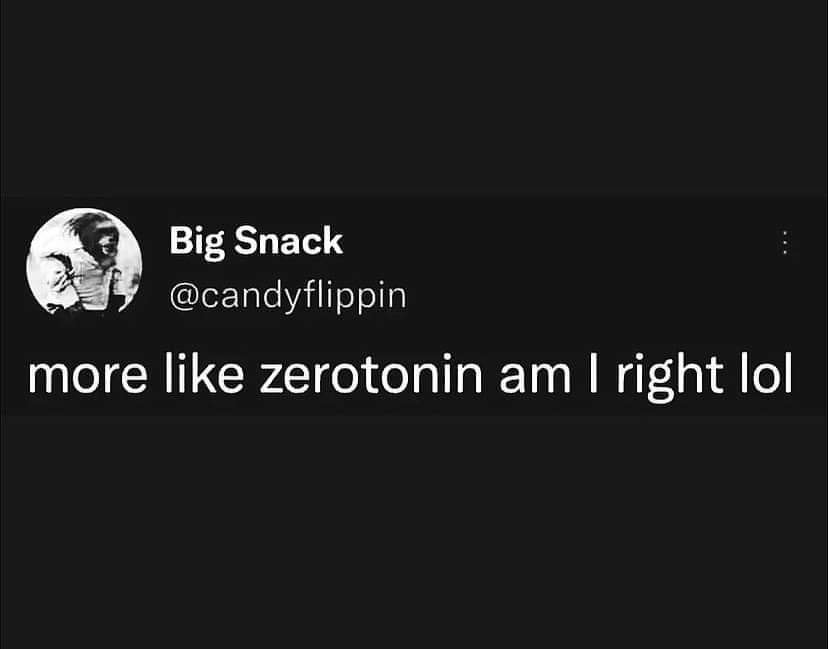 This meme is a simple, humorous tweet that pokes fun at the idea of being "on the same level" as someone. The text "more like zerotonin am I right lol" is a playful, ironic statement that implies the speaker is feeling a sense of connection or similarity with someone else. The tone is lighthearted and tongue-in-cheek, with a dash of self-deprecation.